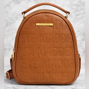 Steve Madden Brown Embossed Logo Mini Backpack Gold Hardware